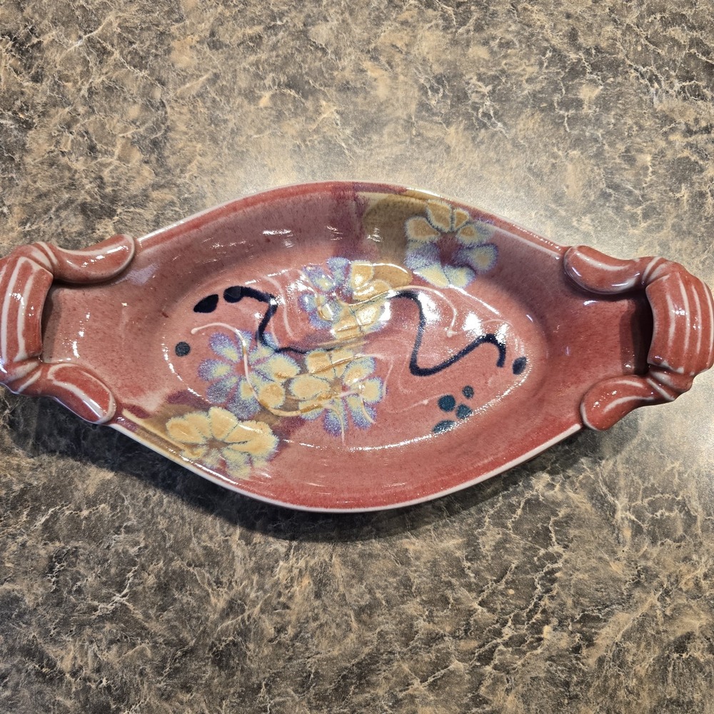 Handmade Pottery Dish Signed Chuck Moore | Bonnie Sargent Pottery Floral Art 12"